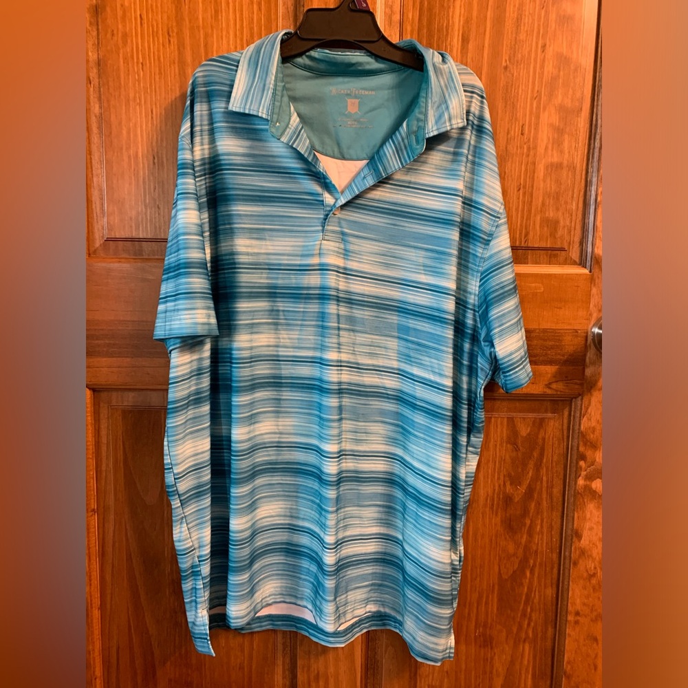 Hickey Freeman Men's golf polo shirt-aqua blue horizontal striped size XL